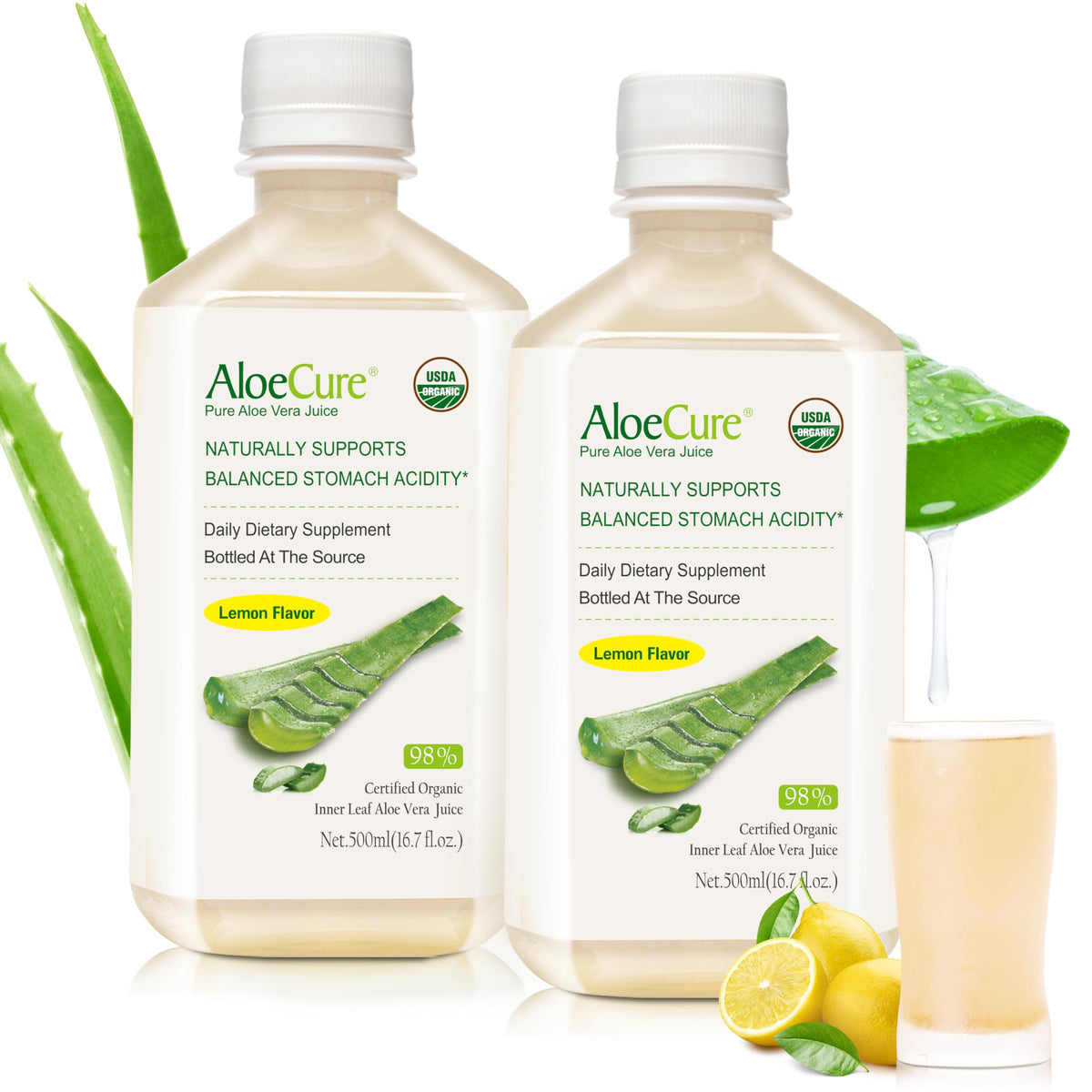 AloeCure jugo de aloe vera con limón en botella, ideal para consumo diario.