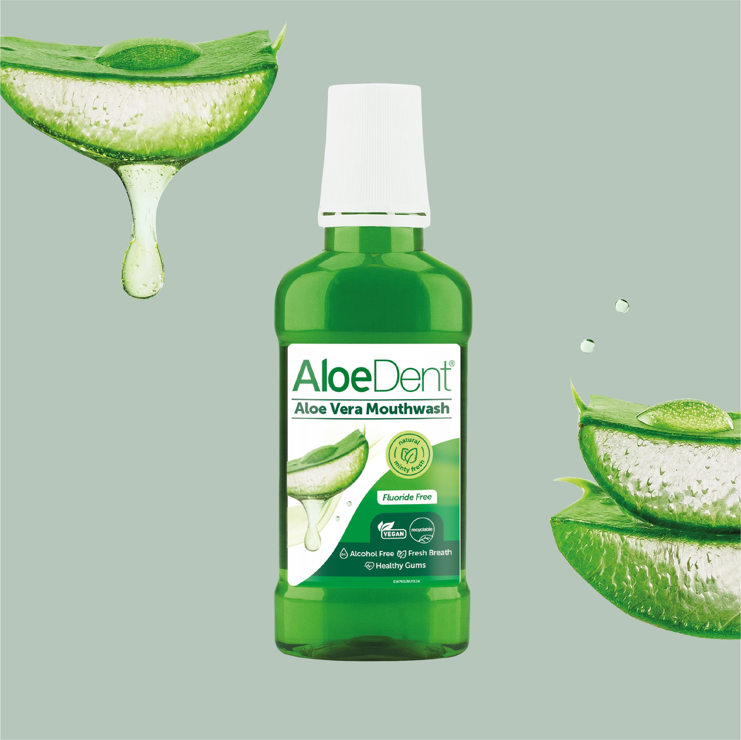 Etiqueta de Aloe Dent destaca aloe vera y fórmula natural.