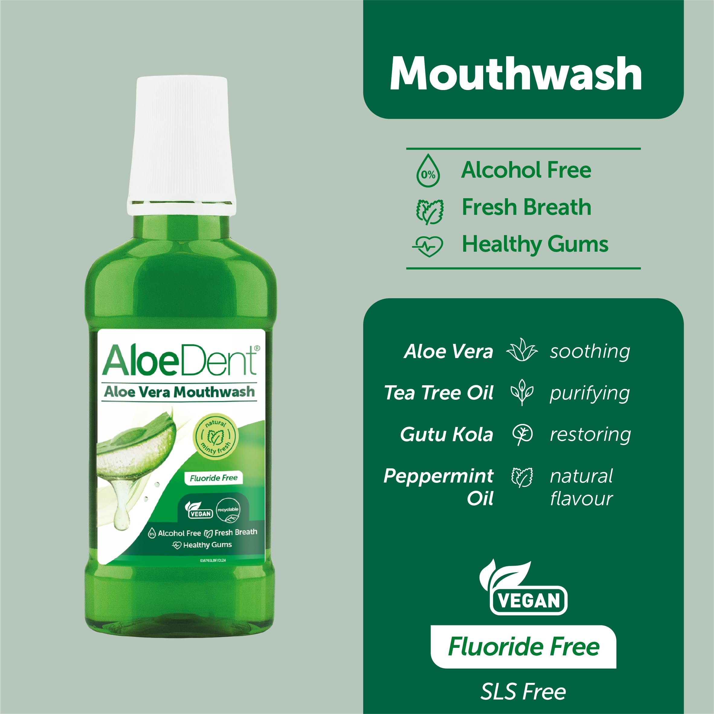 Aloe Dent con sabor a menta limpia para aliento diario.