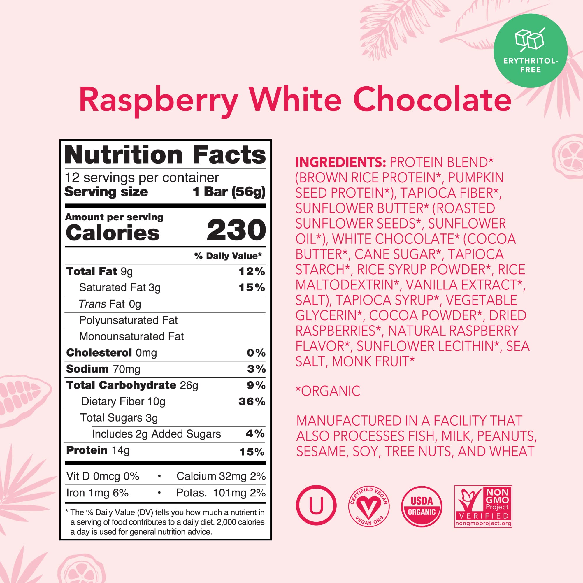 Barrita ALOHA proteica orgánica de frambuesa con chocolate blanco, envase práctico para llevar.