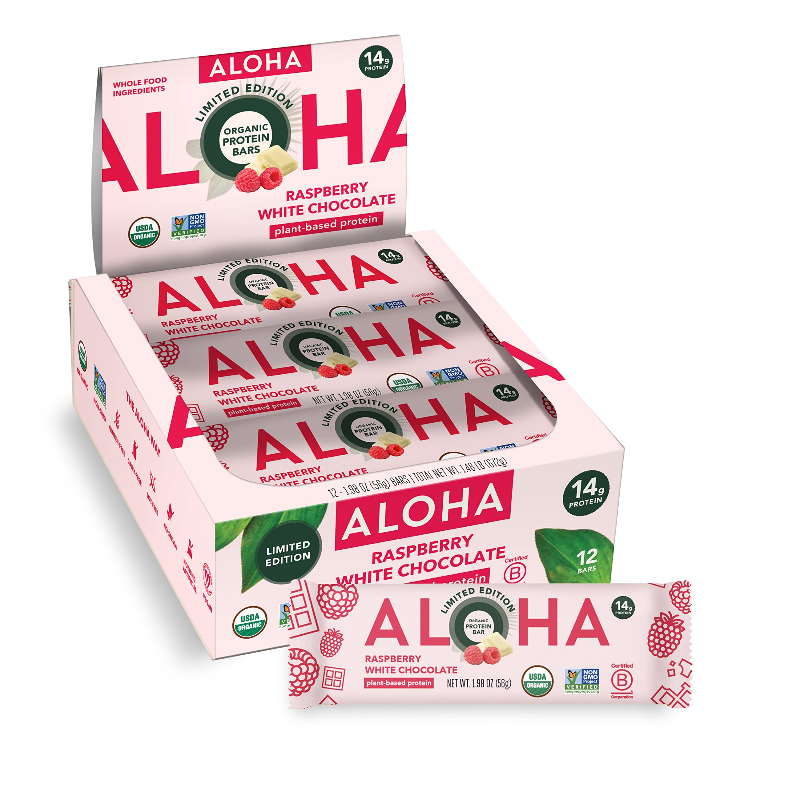 Barrita ALOHA proteica orgánica de frambuesa con chocolate blanco, snack vegano delicioso.