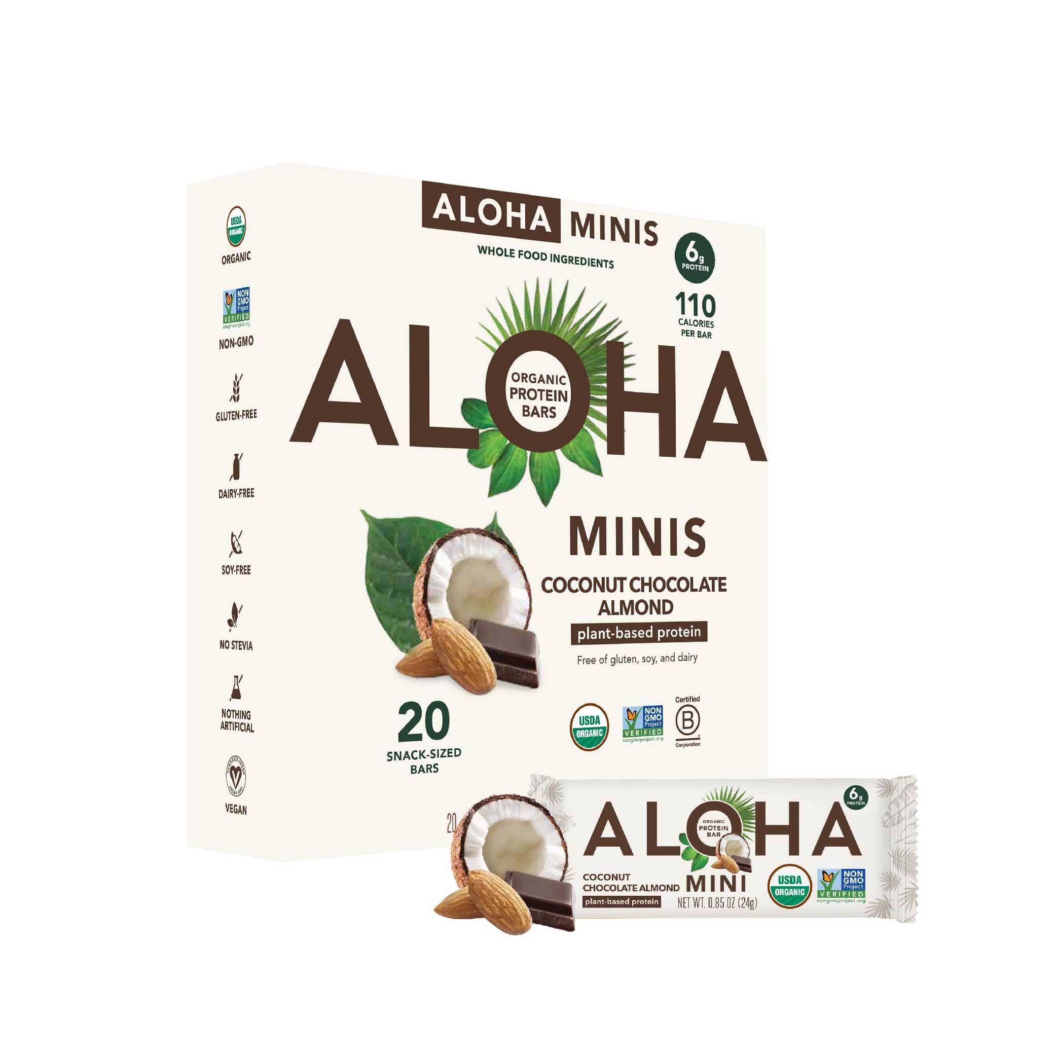 Barra ALOHA Minis coco-chocolate-almendra en empaque, snack práctico