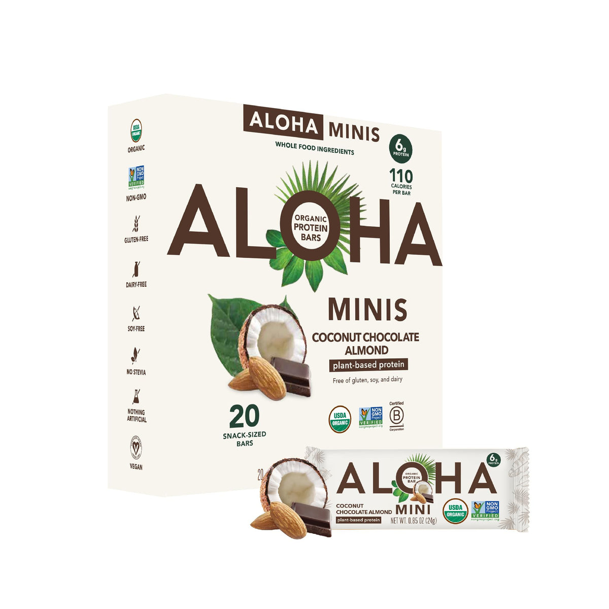 Barra ALOHA Minis coco-chocolate-almendra en empaque, snack práctico