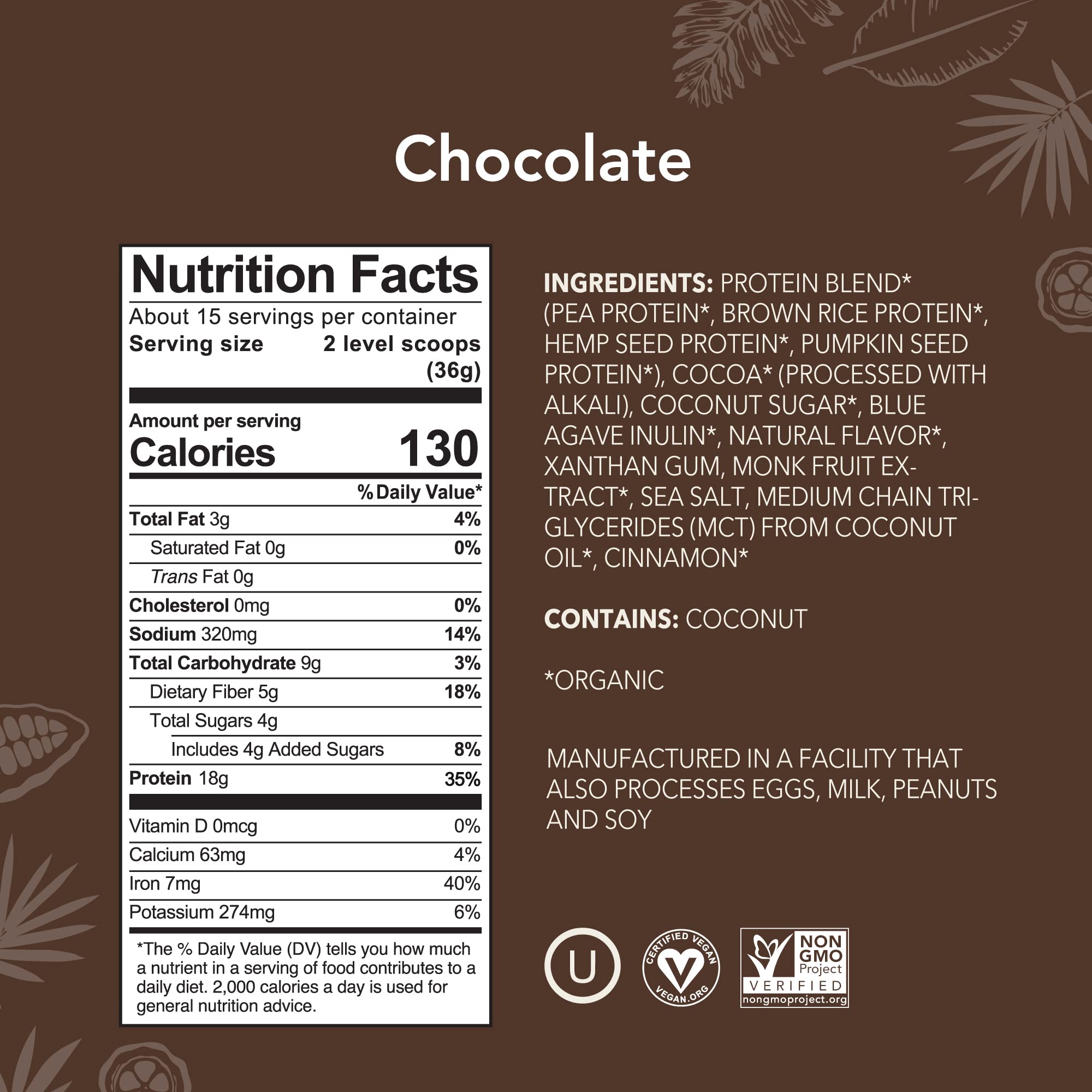 Proteína vegetal ALOHA chocolate, 18 g por porción, energía diaria para entrenos