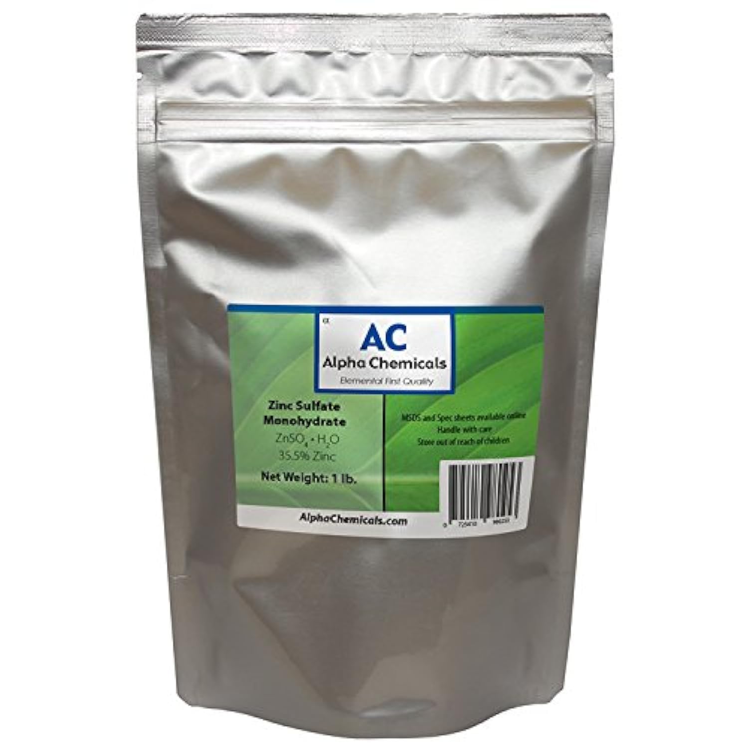 Alpha Chemicals Zinc Sulfate Monohidratado, vista frontal, útil como fuente de zinc y en tratamiento de agua.