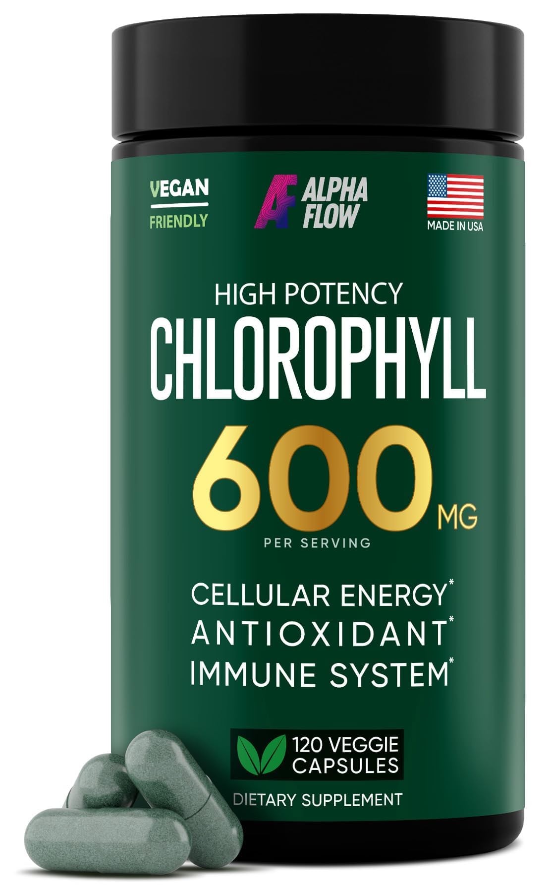 Alpha Flow Clorofila Cápsulas, bote de 600 mg, para energía y bienestar diario.