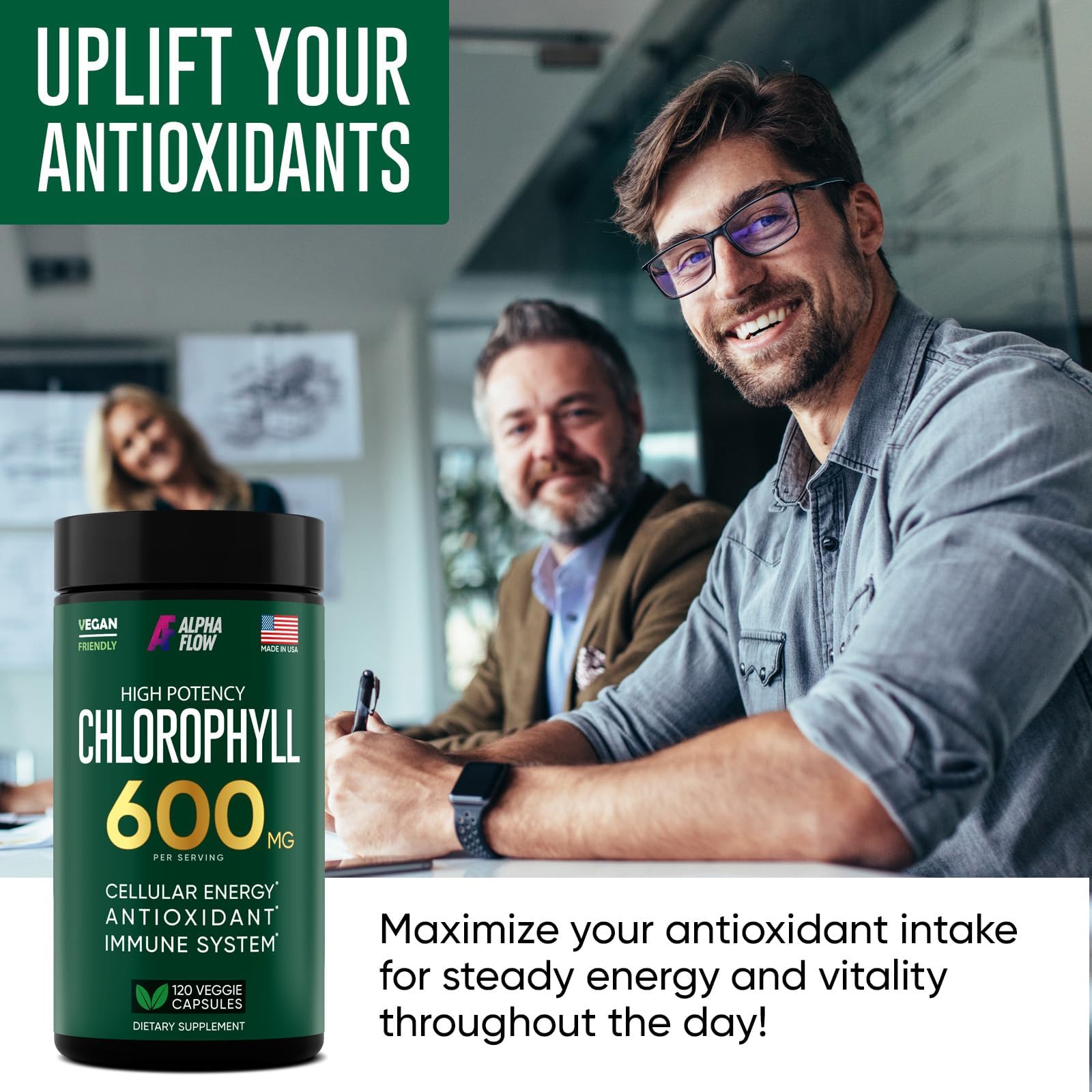 Alpha Flow Clorofila Cápsulas enfocadas en digestión suave y bienestar general.