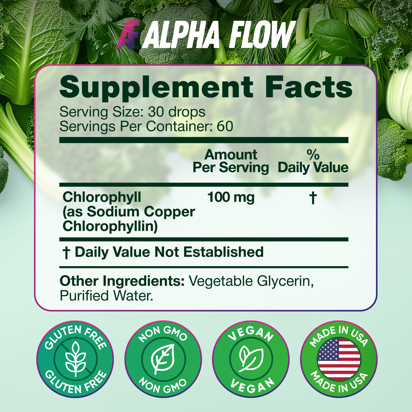 Alpha Flow Clorofila líquida en vaso de agua para energía suave durante el día.