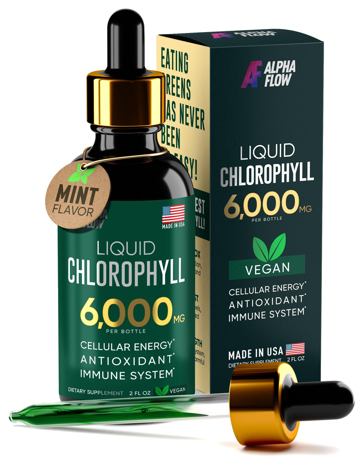 Alpha Flow Clorofila líquida: botella vertiendo, ideal para iniciar tu rutina diaria de verduras.
