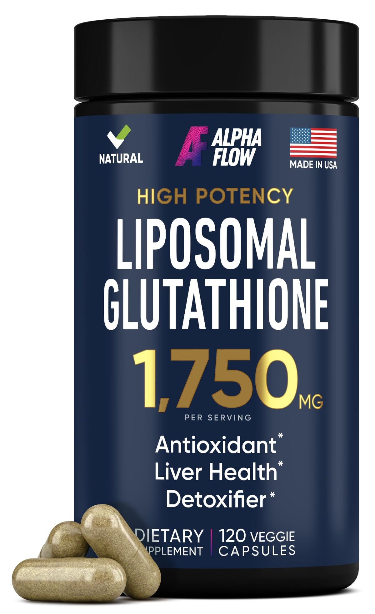 Alpha Flow glutatión liposomal en botella para detox suave y antioxidante.