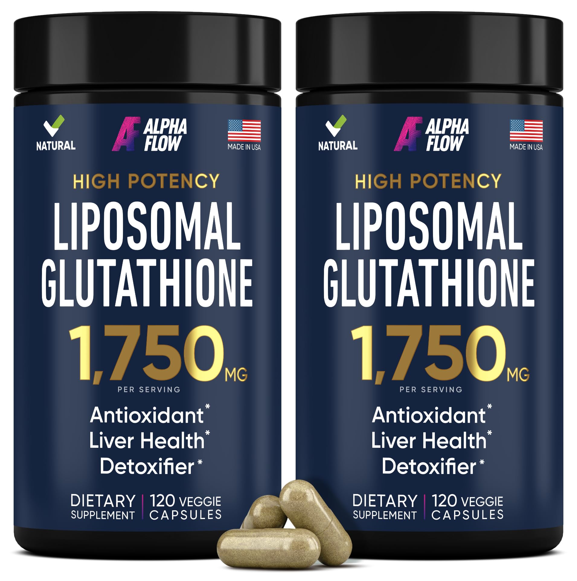 Alpha Flow glutatión liposomal 1100mg, botella, soporte hepático y vitalidad diaria.