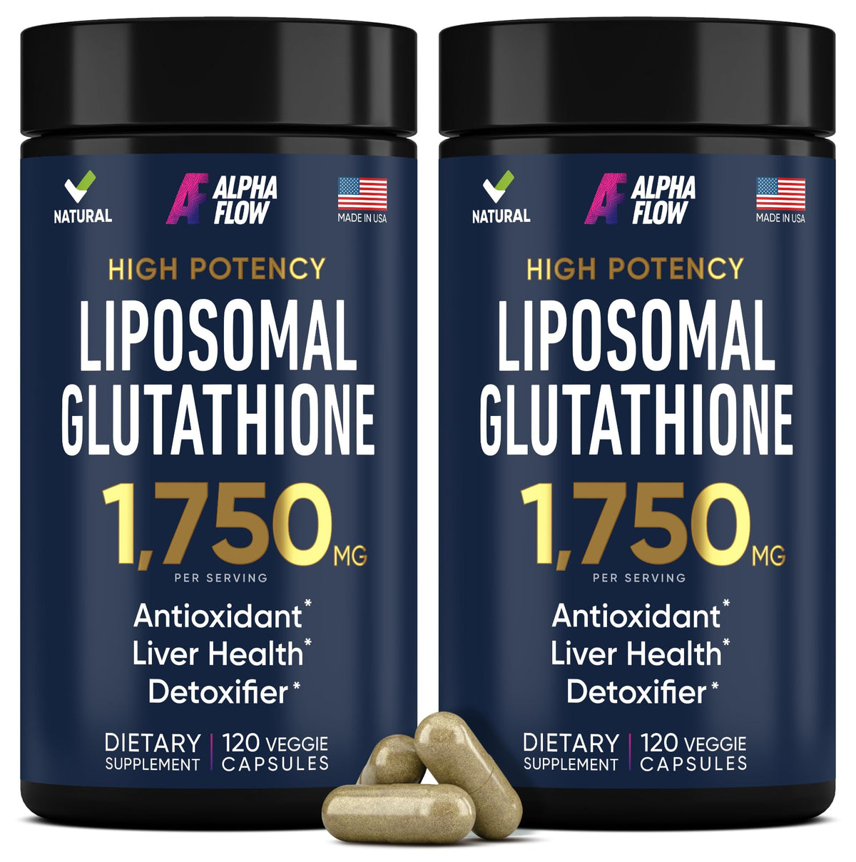 Alpha Flow glutatión liposomal 1100mg, botella, soporte hepático y vitalidad diaria.