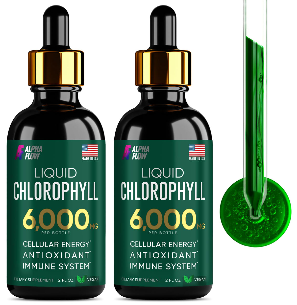Gotas de clorofila Alpha Flow en botella de 4 oz para detox suave.