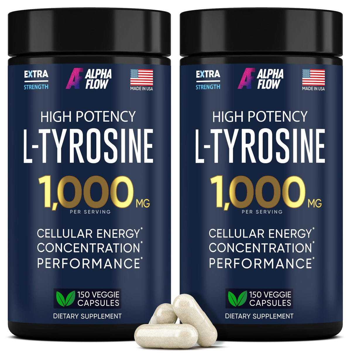 Alpha Flow L-Tirosina 1000mg: cápsulas dúo y botella para enfoque sostenido.