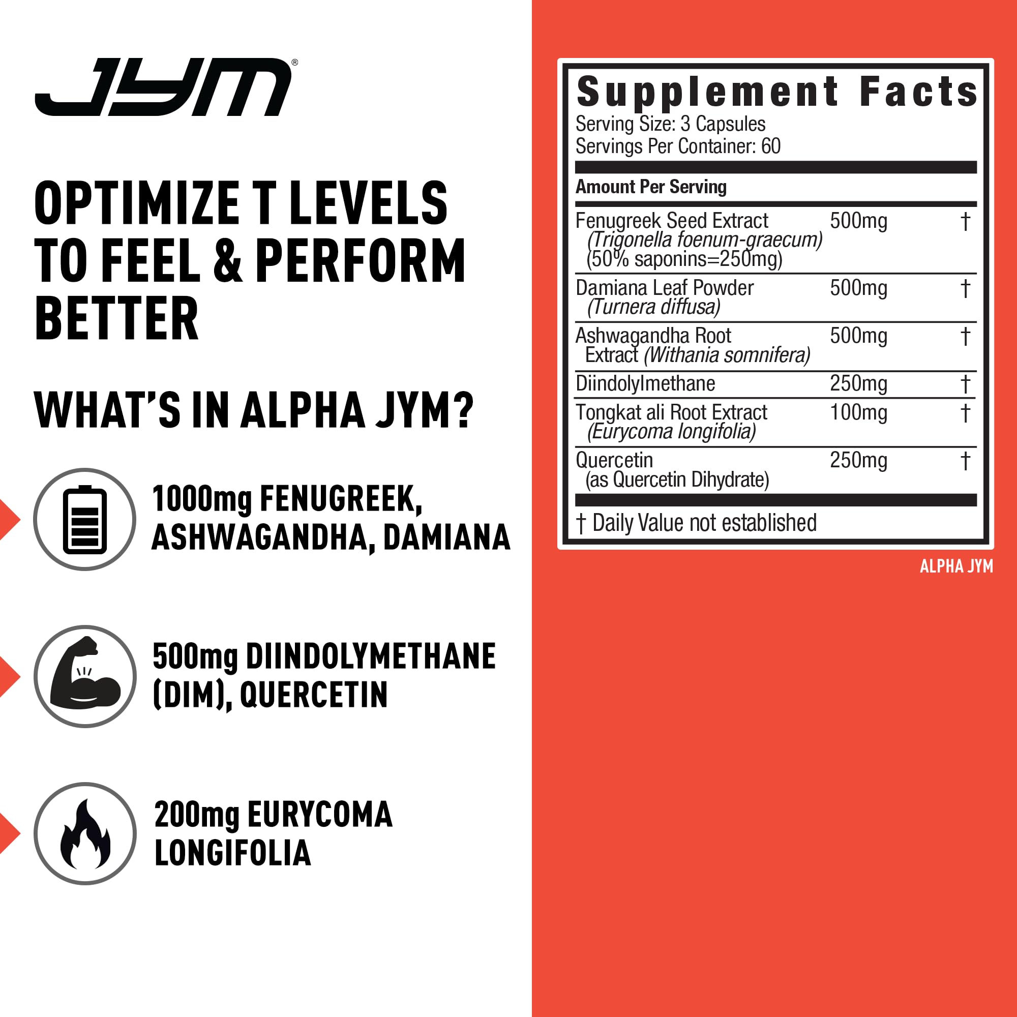 Alpha JYM etiqueta completa muestra ingredientes y beneficios potenciales para el rendimiento diario.