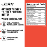 Alpha JYM etiqueta completa muestra ingredientes y beneficios potenciales para el rendimiento diario.