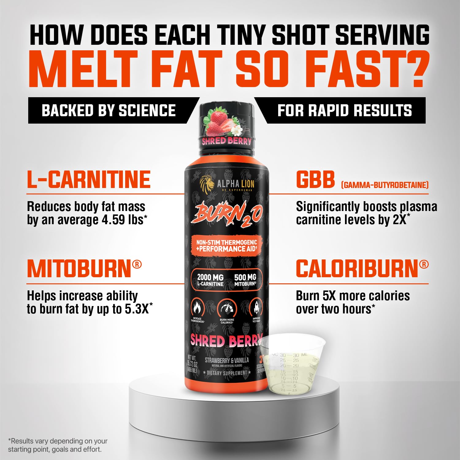 ALPHA LION Burn2O scorchberry-shot delivers flavorful, sugar-free energy.