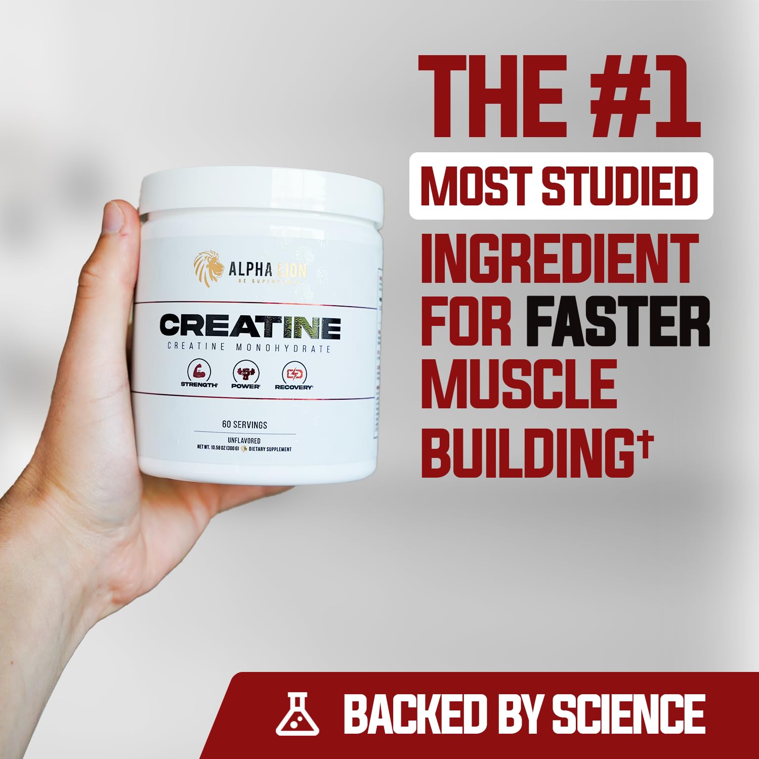 ALPHA LION Creatine Monohydrate con cucharita, dosificación consistente para rendimiento