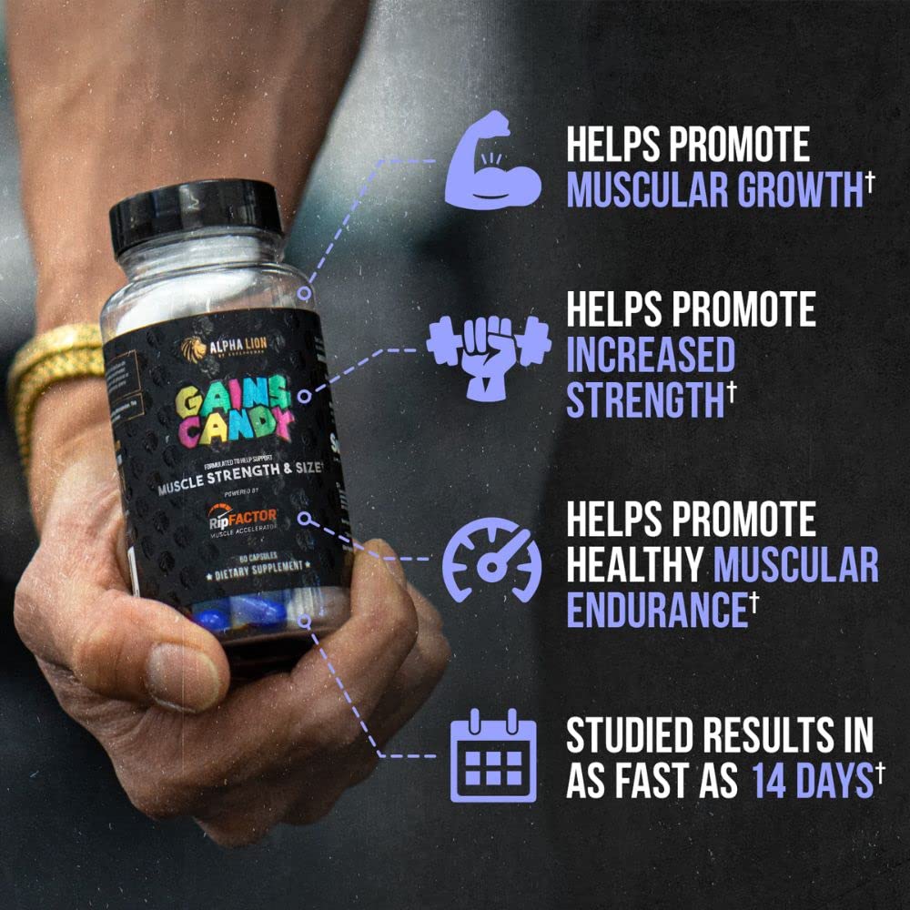 Envase de cápsulas Gains Candy RipFACTOR para soporte de fuerza durante el entrenamiento.