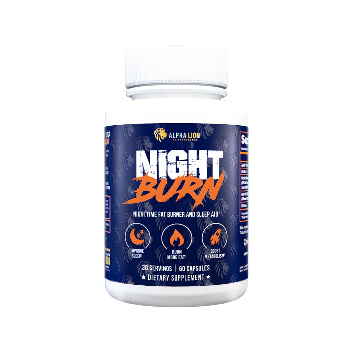ALPHA LION Night Burn en bote, apoyo al metabolismo para una rutina activa.