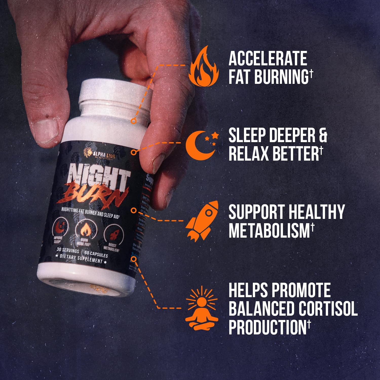 ALPHA LION Night Burn cápsulas, formato práctico para consumo nocturno.