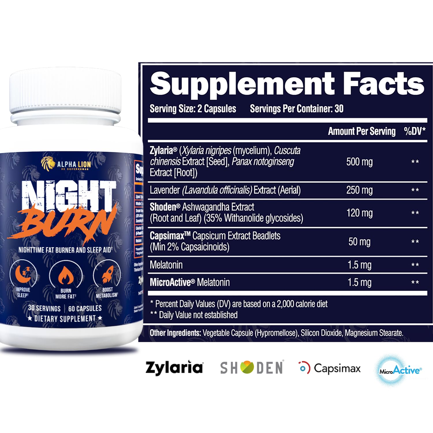 ALPHA LION Night Burn detalle de la caja con datos nutricionales.
