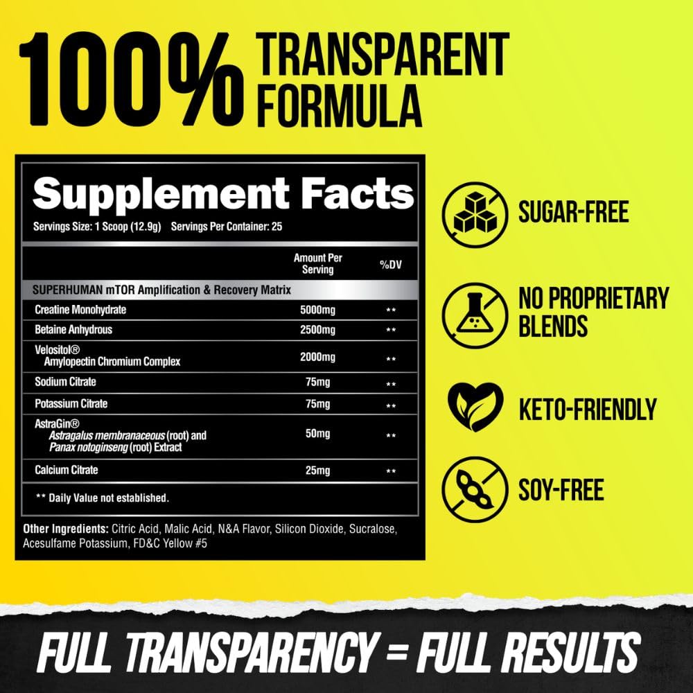 ALPHA LION Superhuman Post etiqueta 100% transparente, ingredientes conocidos.