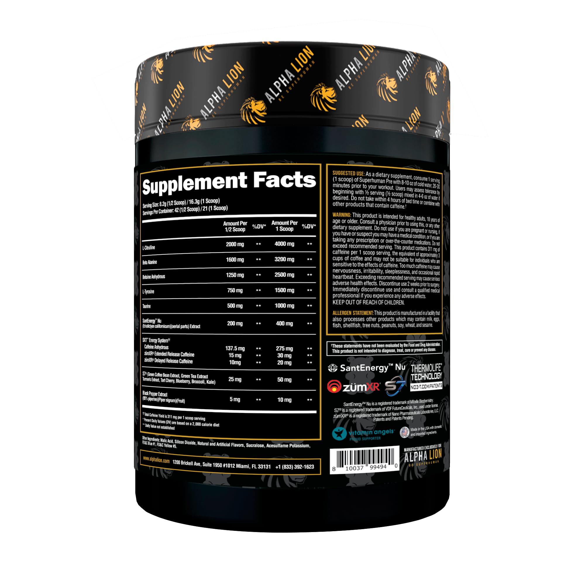 ALPHA LION pre-workout powder label detail highlighting ingredients