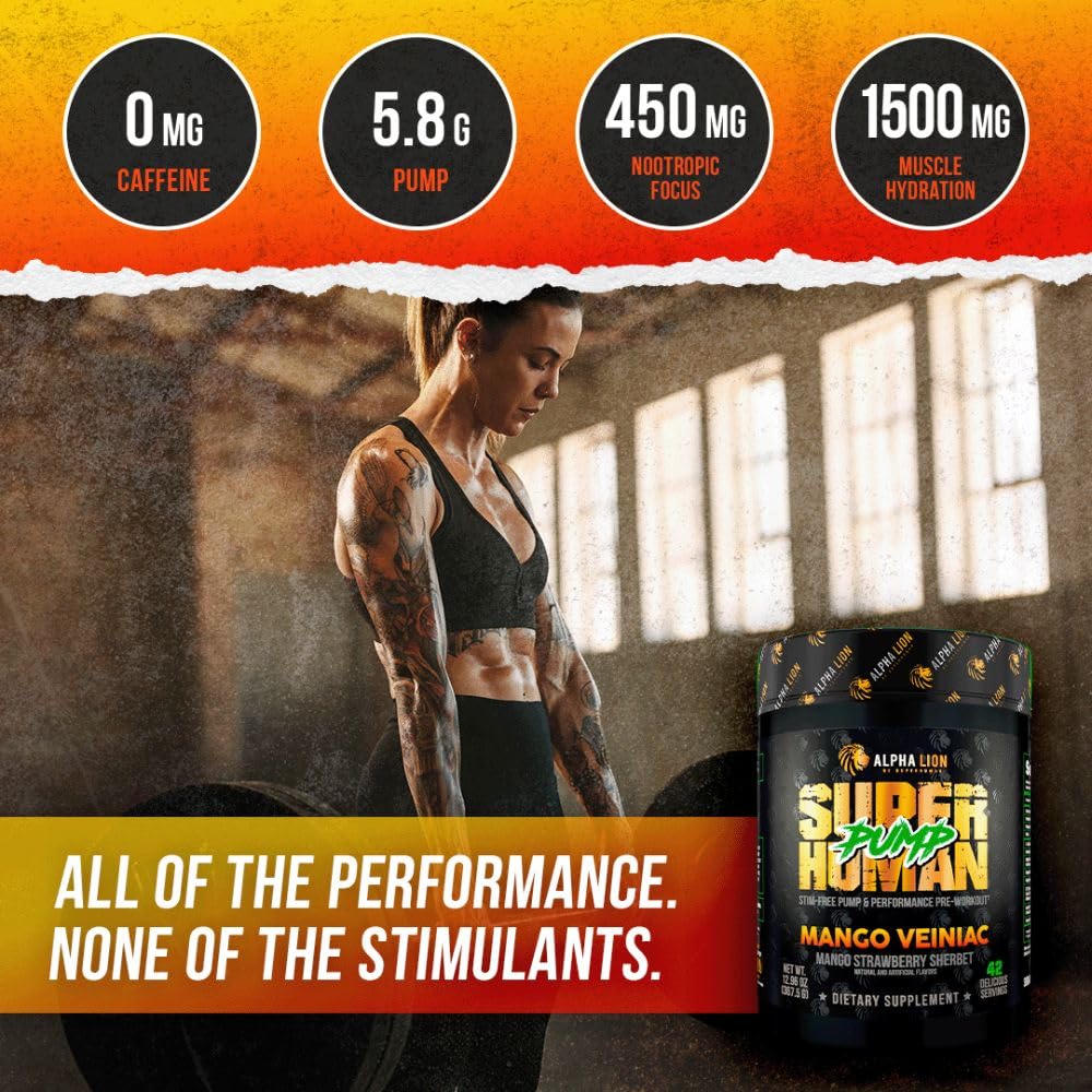 ALPHA LION Superhuman Pump etiqueta frontal, muestra sabor Mango Veiniac y uso claro