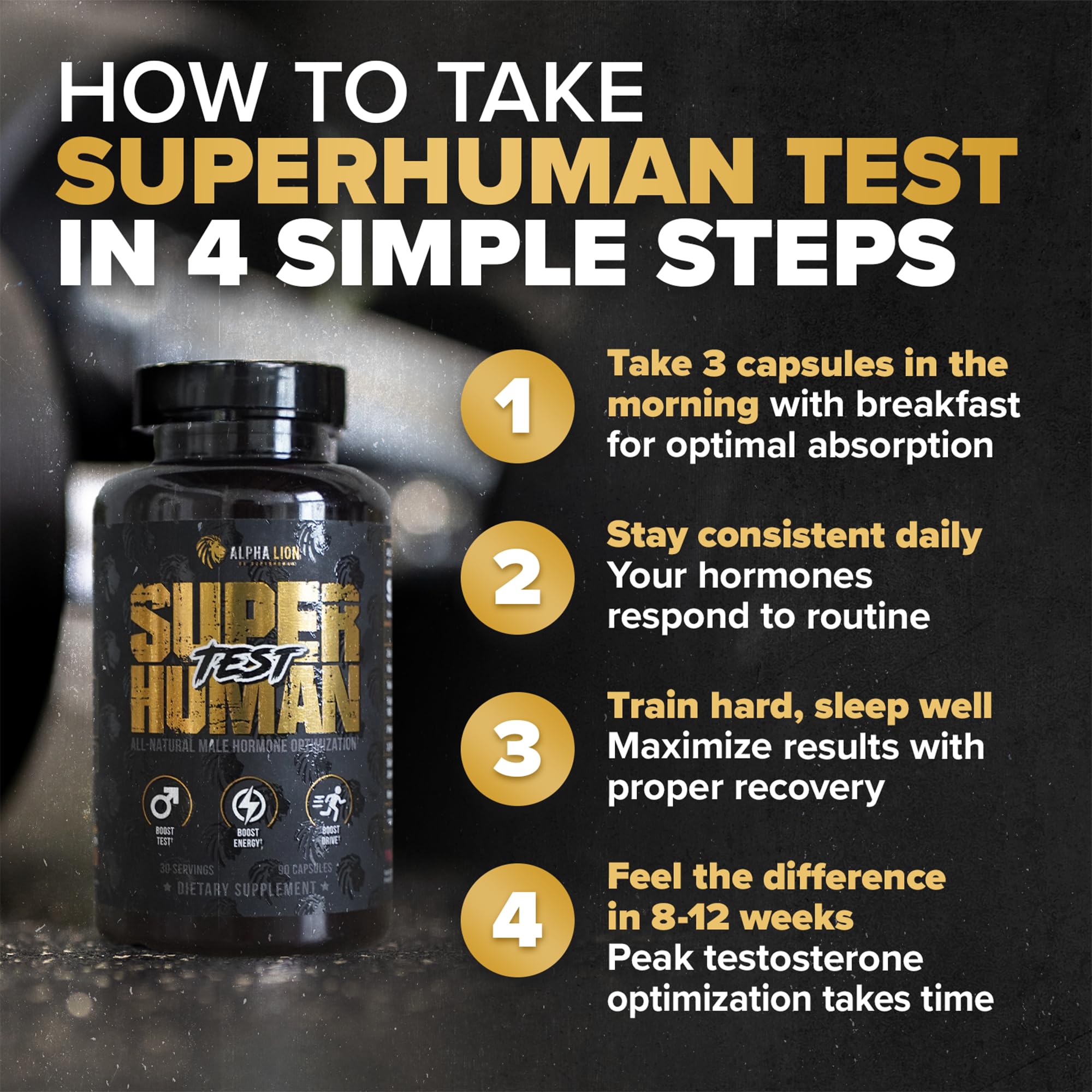 ALPHA LION Superhuman Test etiqueta clara con información de ingredientes