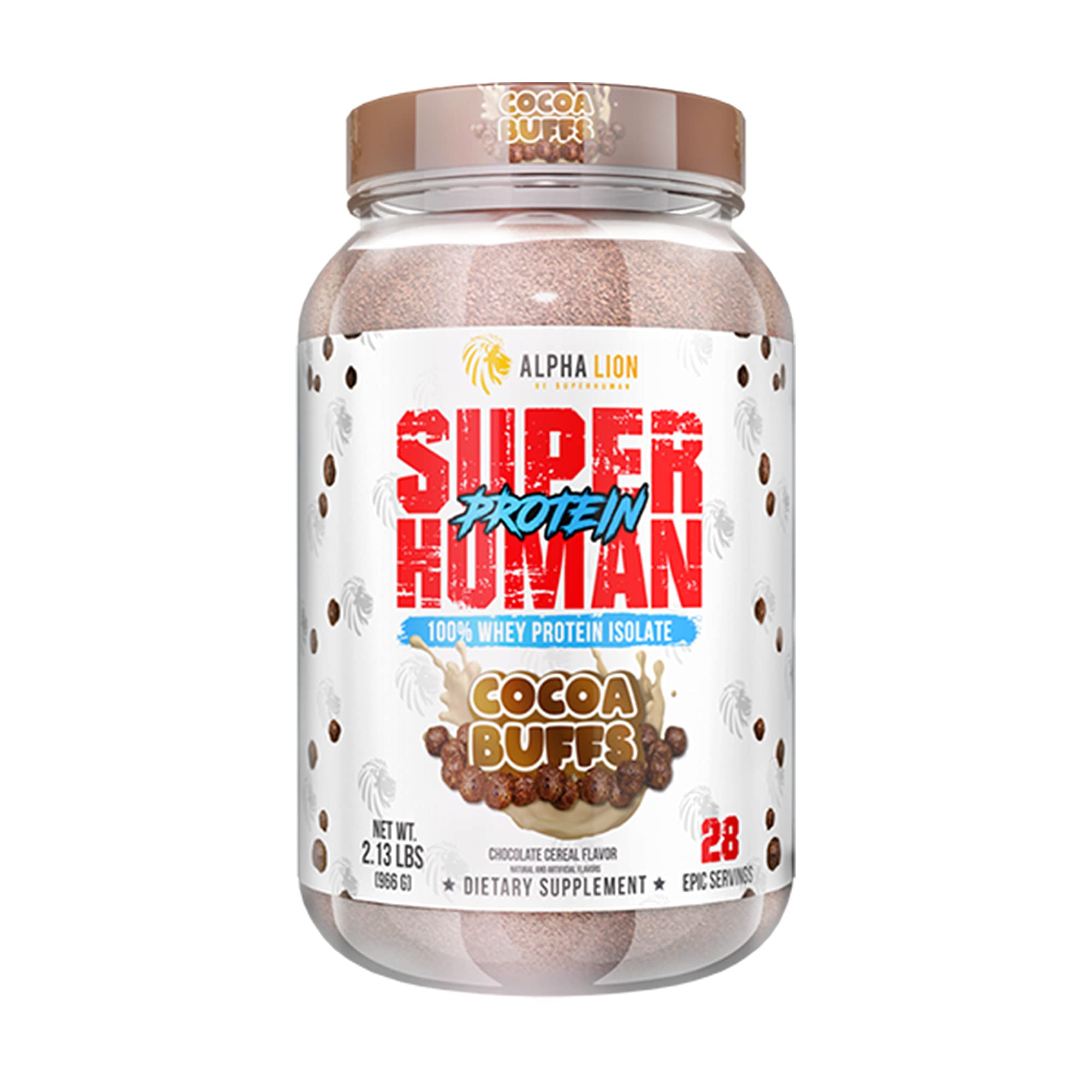 ALPHA LION Superhuman Whey, vaso con batido sabor cacao suave para recuperación