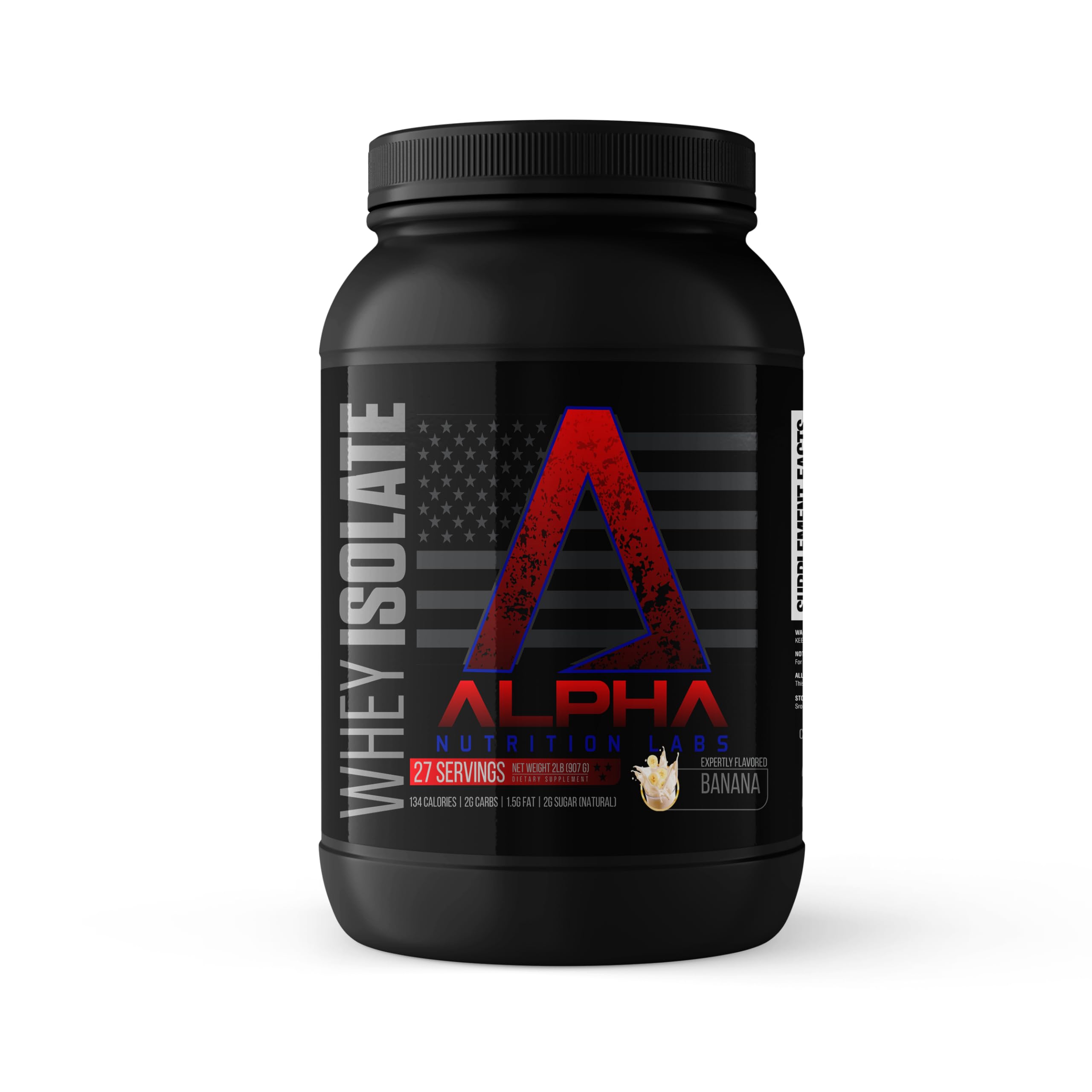 Proteína de suero Alpha Nutrition Labs, envase visible, sabor plátano, ideal para merienda post-entrenamiento.