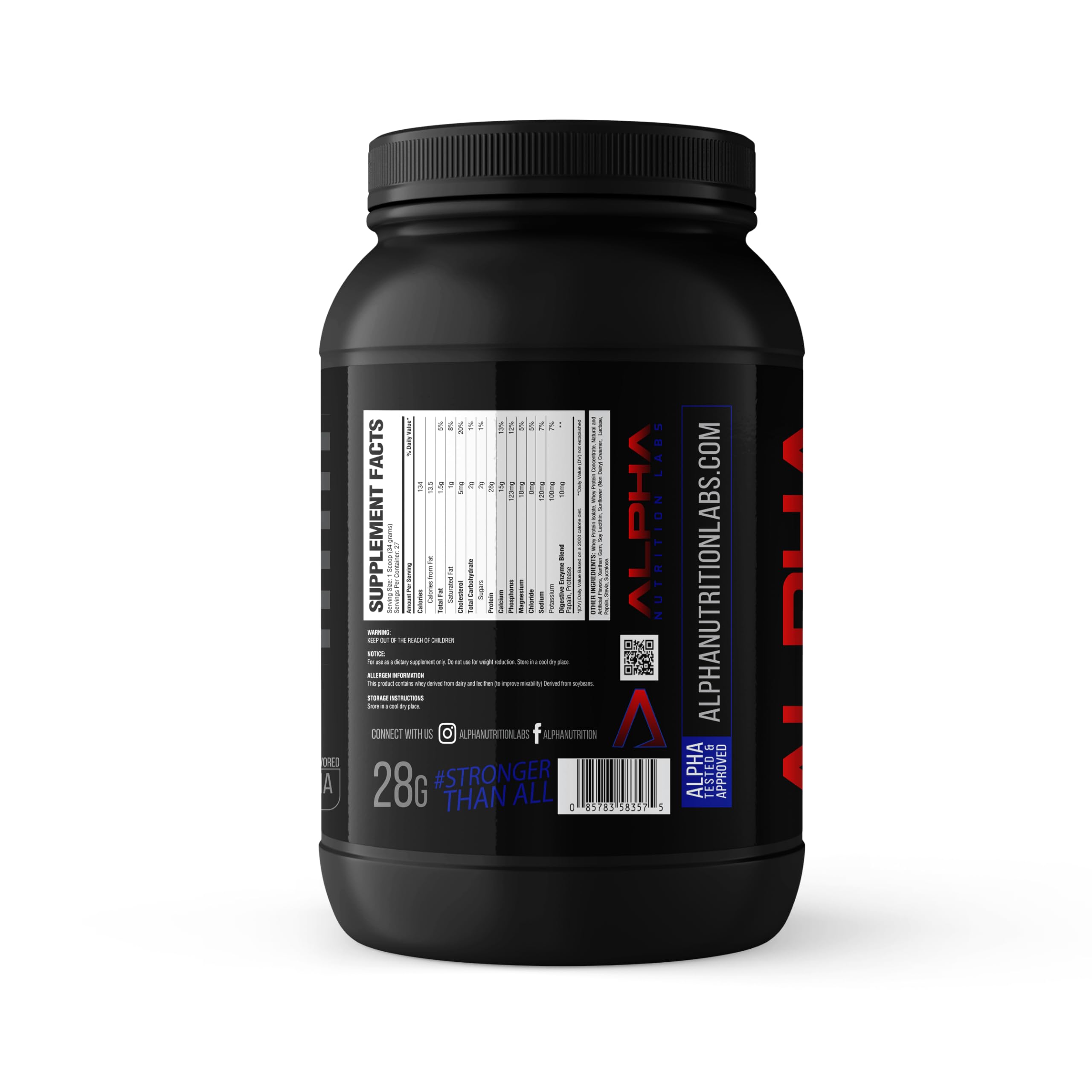 Etiqueta muestra 28 g de proteína por porción de Alpha Nutrition Labs.