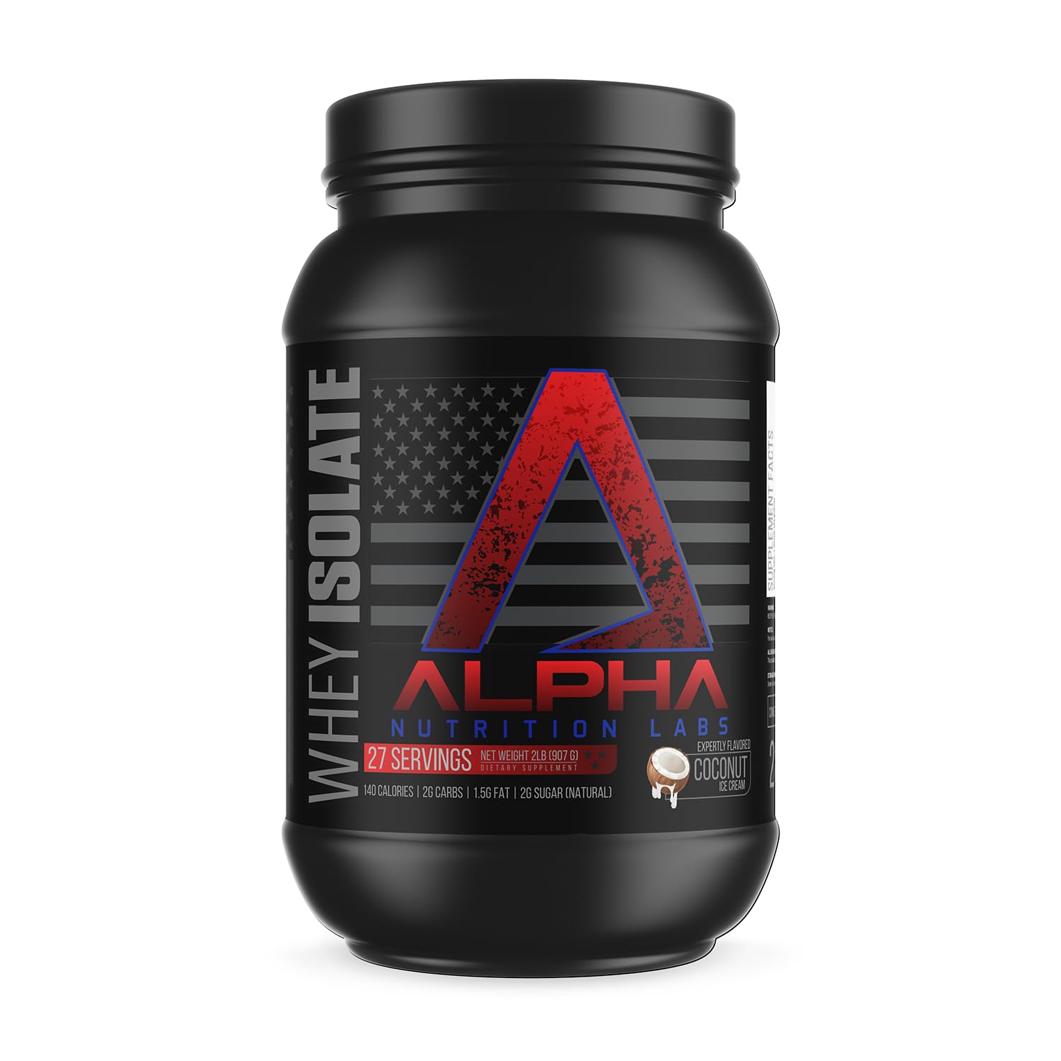 Alpha Nutrition Labs Whey Isolate envase de coco helado para batidos nutritivos tras entreno