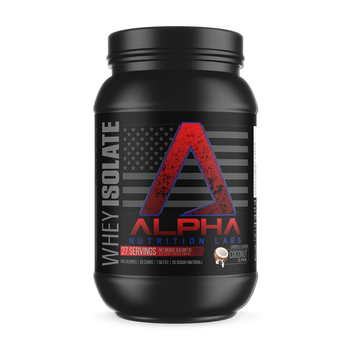 Alpha Nutrition Labs Whey Isolate envase de coco helado para batidos nutritivos tras entreno