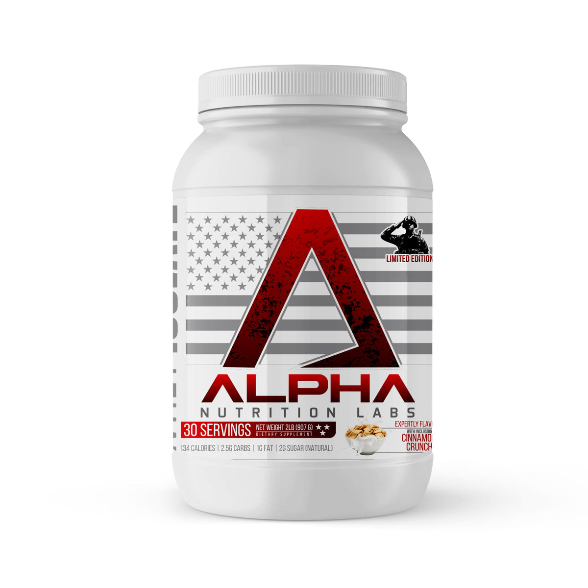 Alpha Nutrition Labs Whey Isolate en pote, sabor canela crujiente, ideal para recuperación muscular.