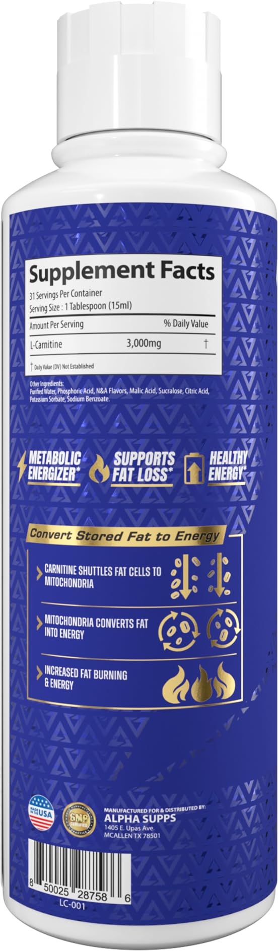 Frasco de Alpha Supps L-Carnitina Líquida 3000 con etiqueta clara.