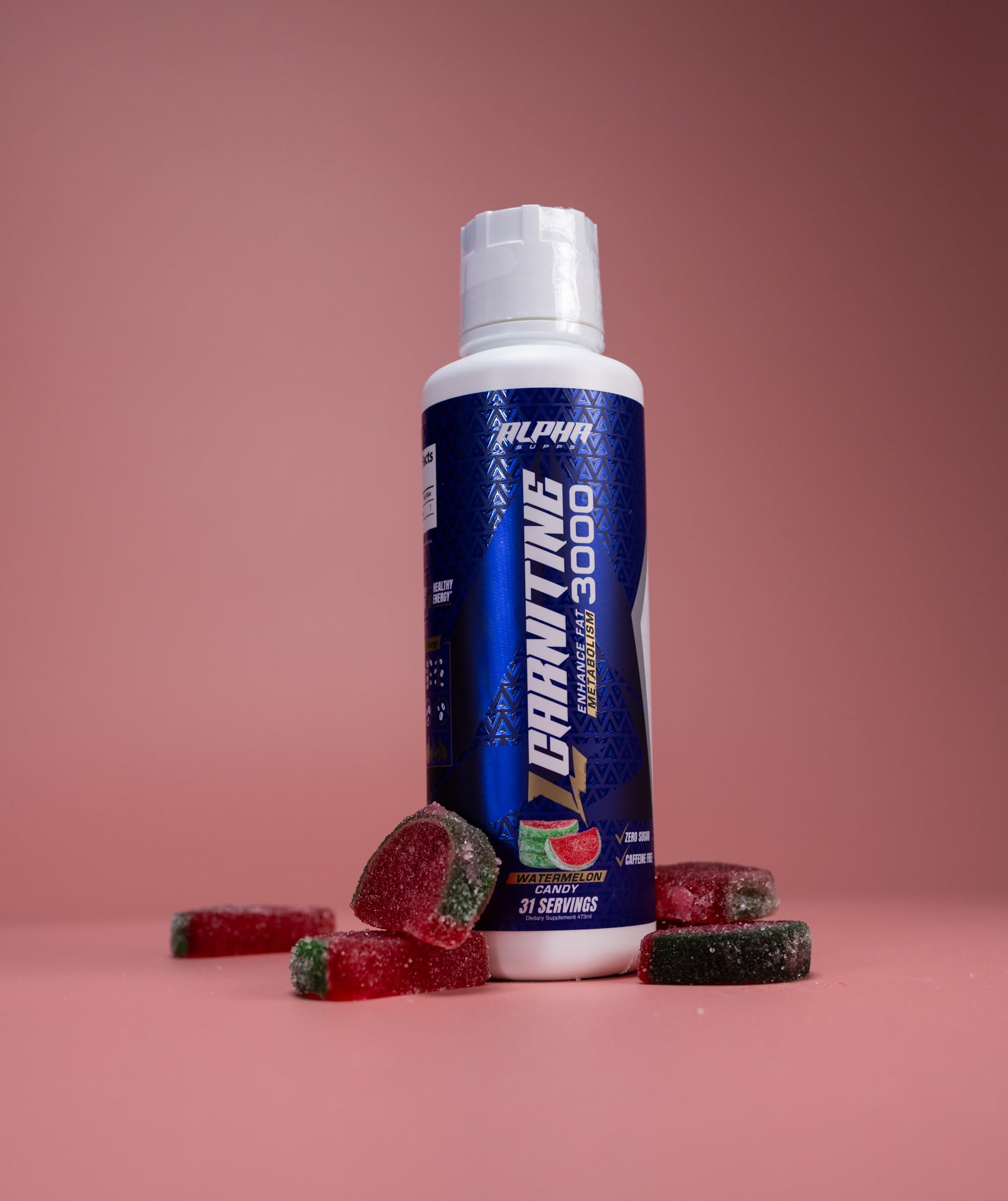 Pote de Alpha Supps L-Carnitina Líquida 3000 con 31 porciones.