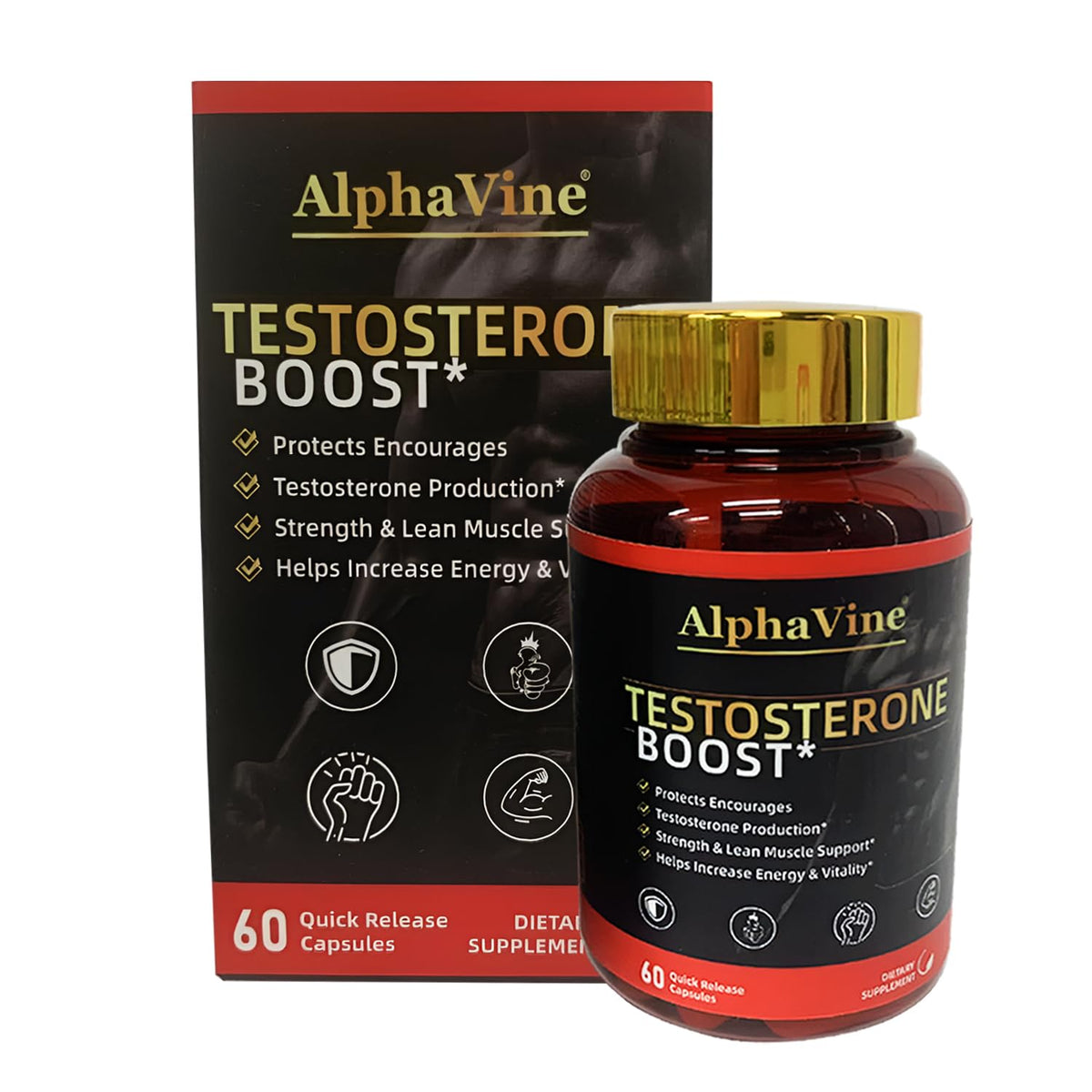 ALPHAVINE Potenciador de Testosterona, botella frontal para energía diaria.