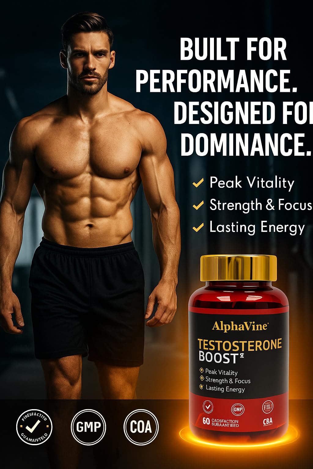 ALPHAVINE Potenciador de Testosterona, cápsulas sobre mesa para consumo diario.