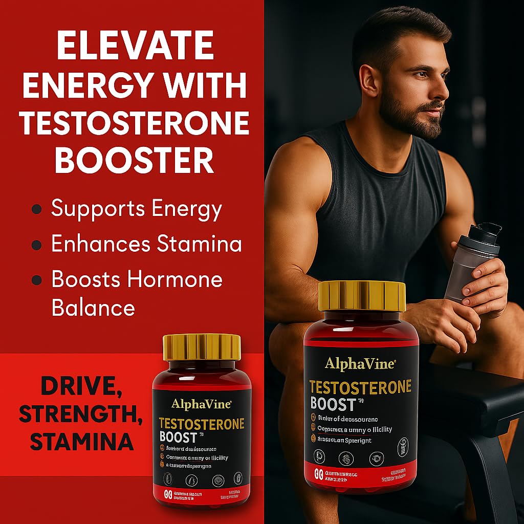 ALPHAVINE Potenciador de Testosterona, etiqueta con ingredientes clave para bienestar masculino.