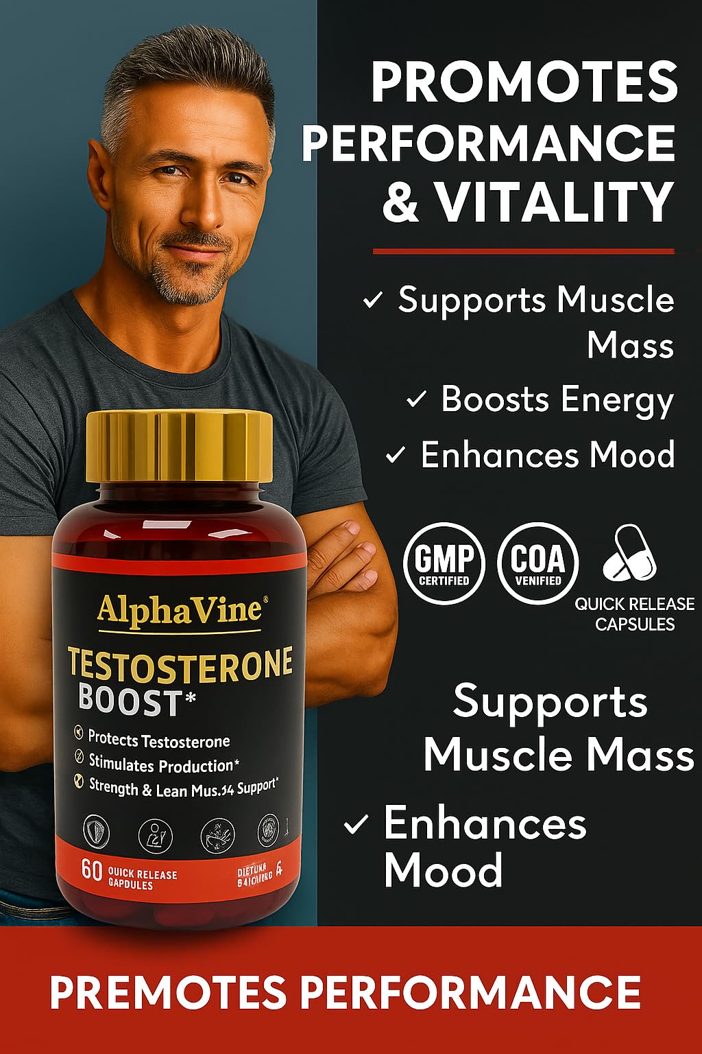 ALPHAVINE Potenciador de Testosterona, mano sosteniendo la botella para uso en casa o gym.