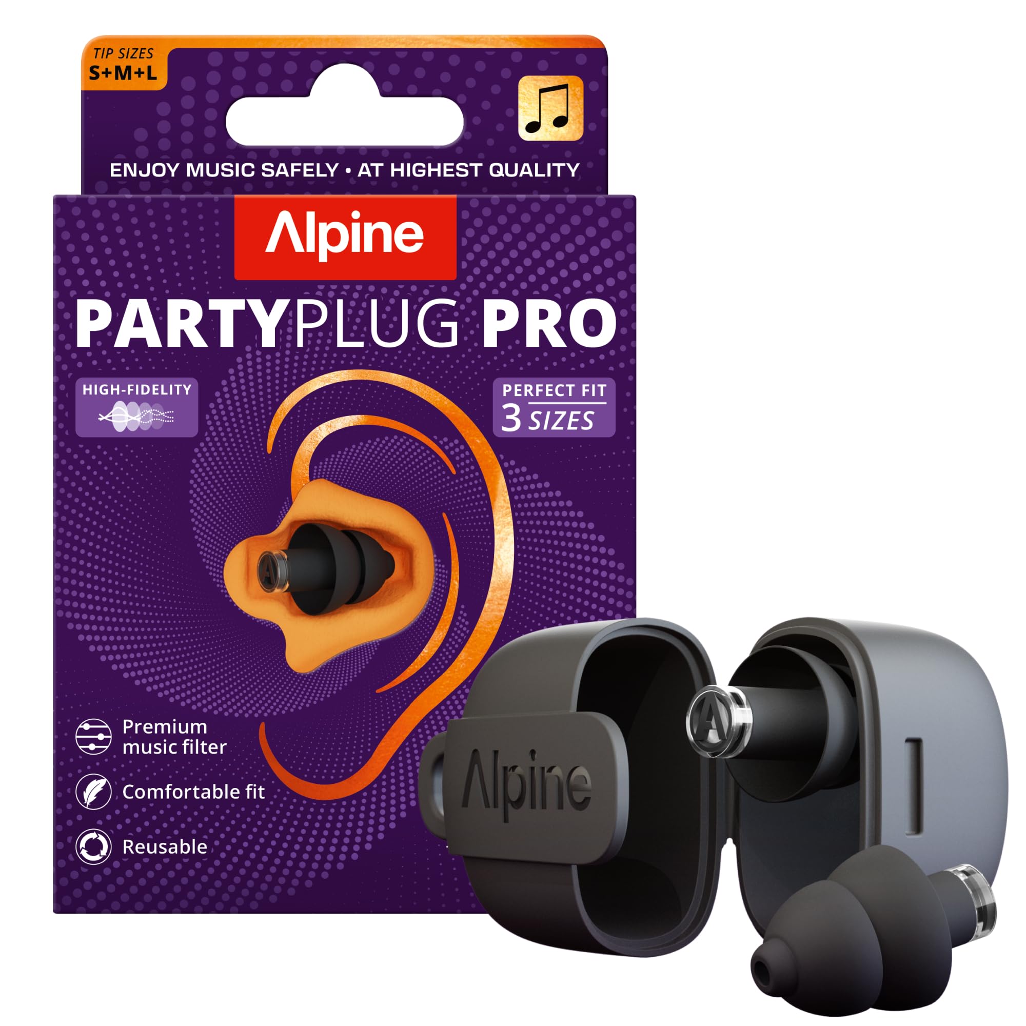 Alpine PartyPlug Pro Black con estuche compacto, ideal para llevar en el llavero.