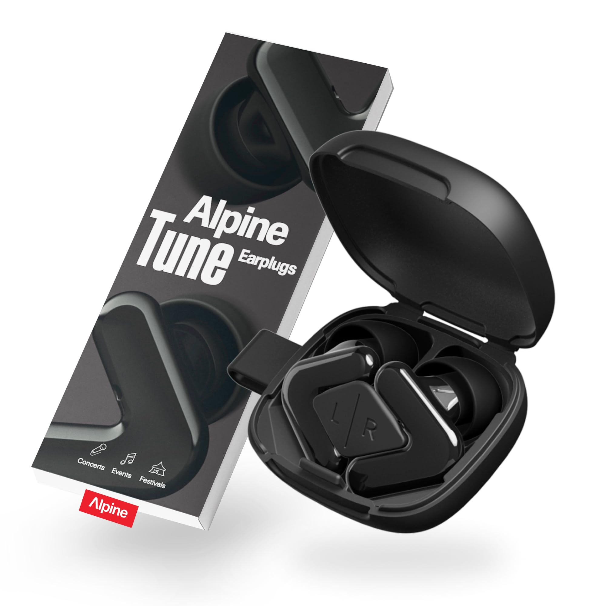 Alpine Tune Earplugs: estuche negro para protección auditiva en conciertos.