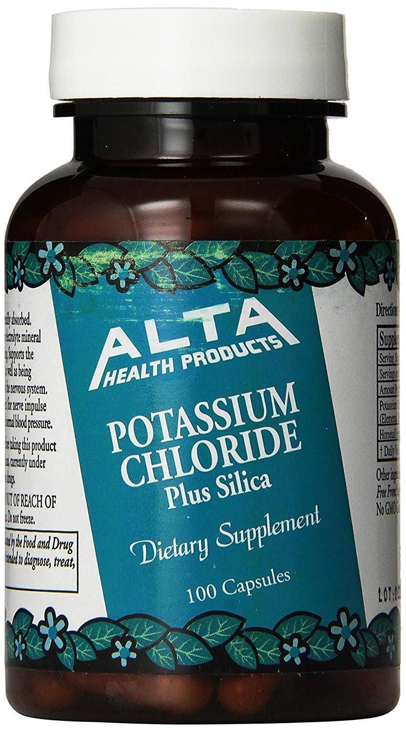 Alta Health cloruro de potasio y sílice cápsulas en botella para uso diario saludable.