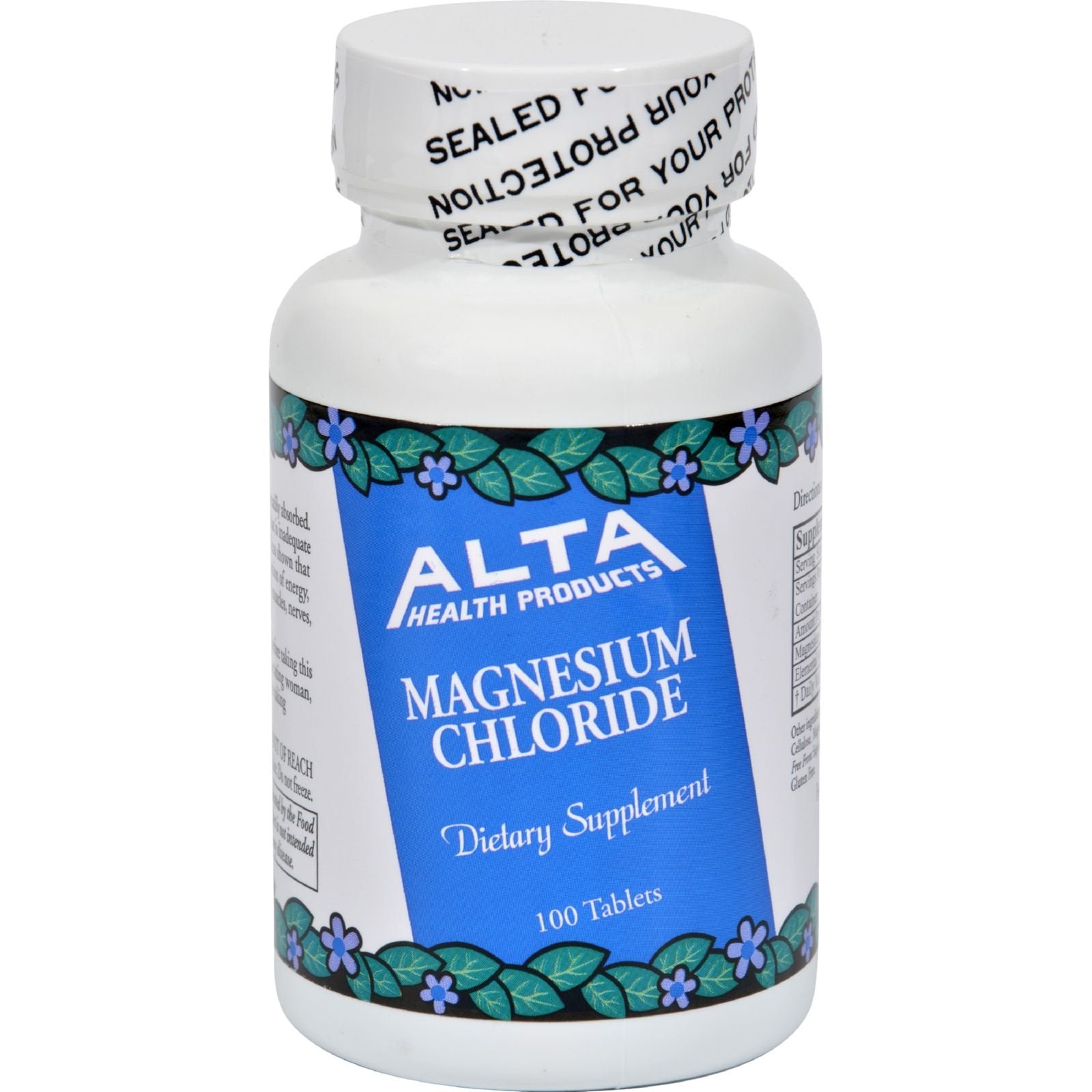 Alta Health cloruro de magnesio, frente del envase, tabletas para uso diario.
