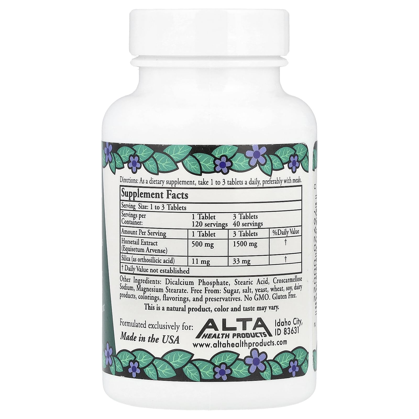 Alta Health sílice con bioflavonoides, detalle de etiqueta, mejora absorción y uso diario.