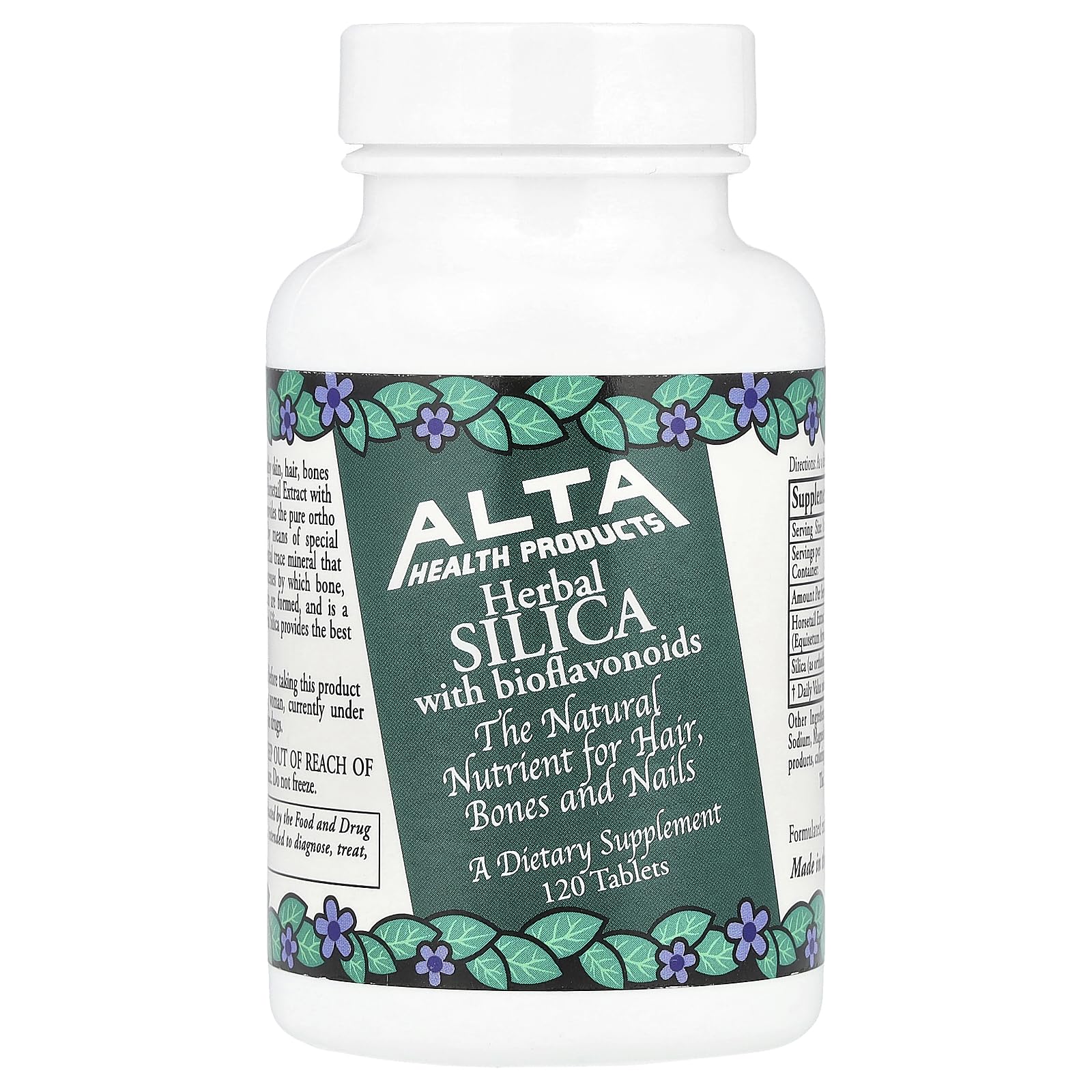 Alta Health sílice con bioflavonoides, envase frontal, apoya piel, cabello y uñas.