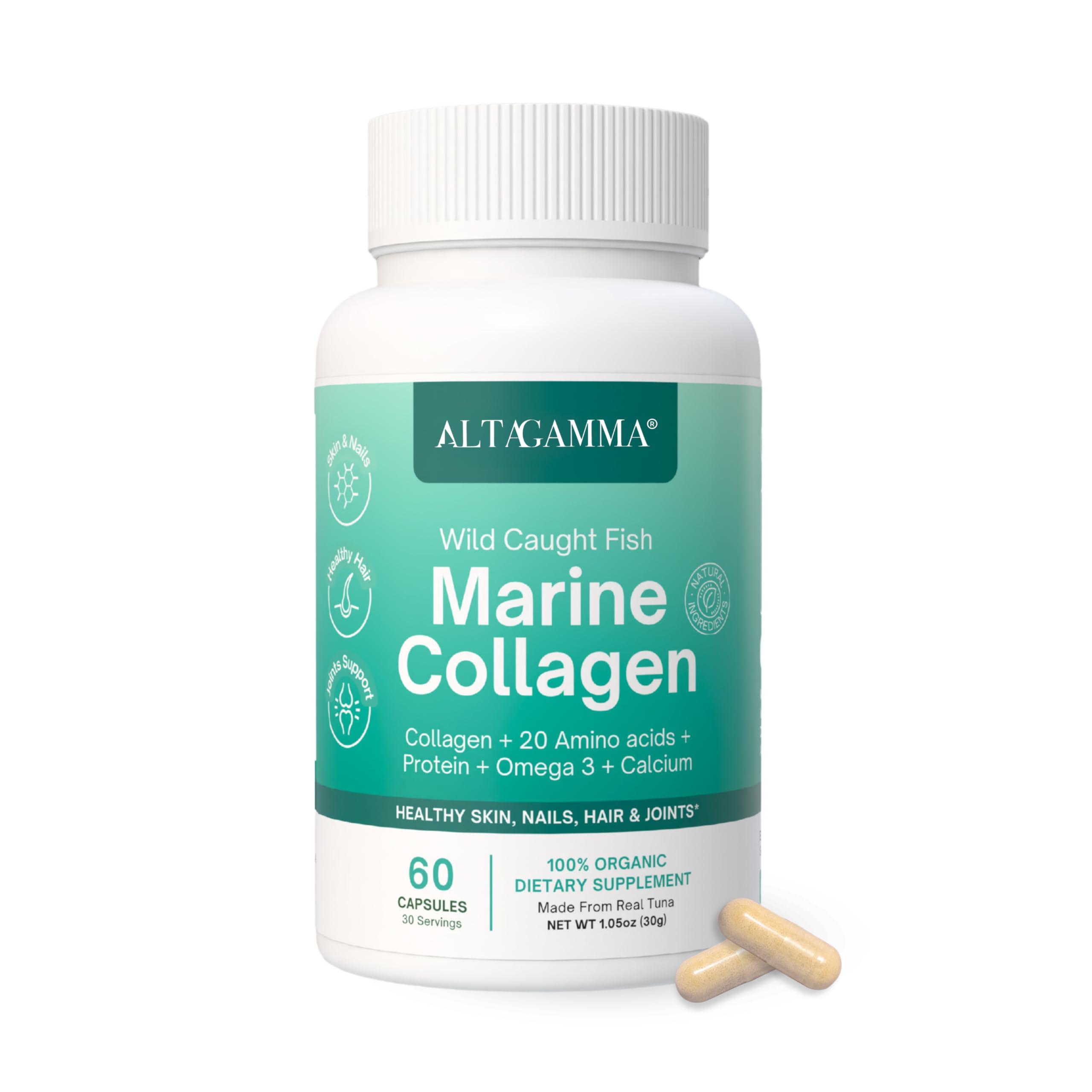 ALTAGAMMA Colágeno Marino: cápsulas en bote para apoyar la elasticidad de la piel.