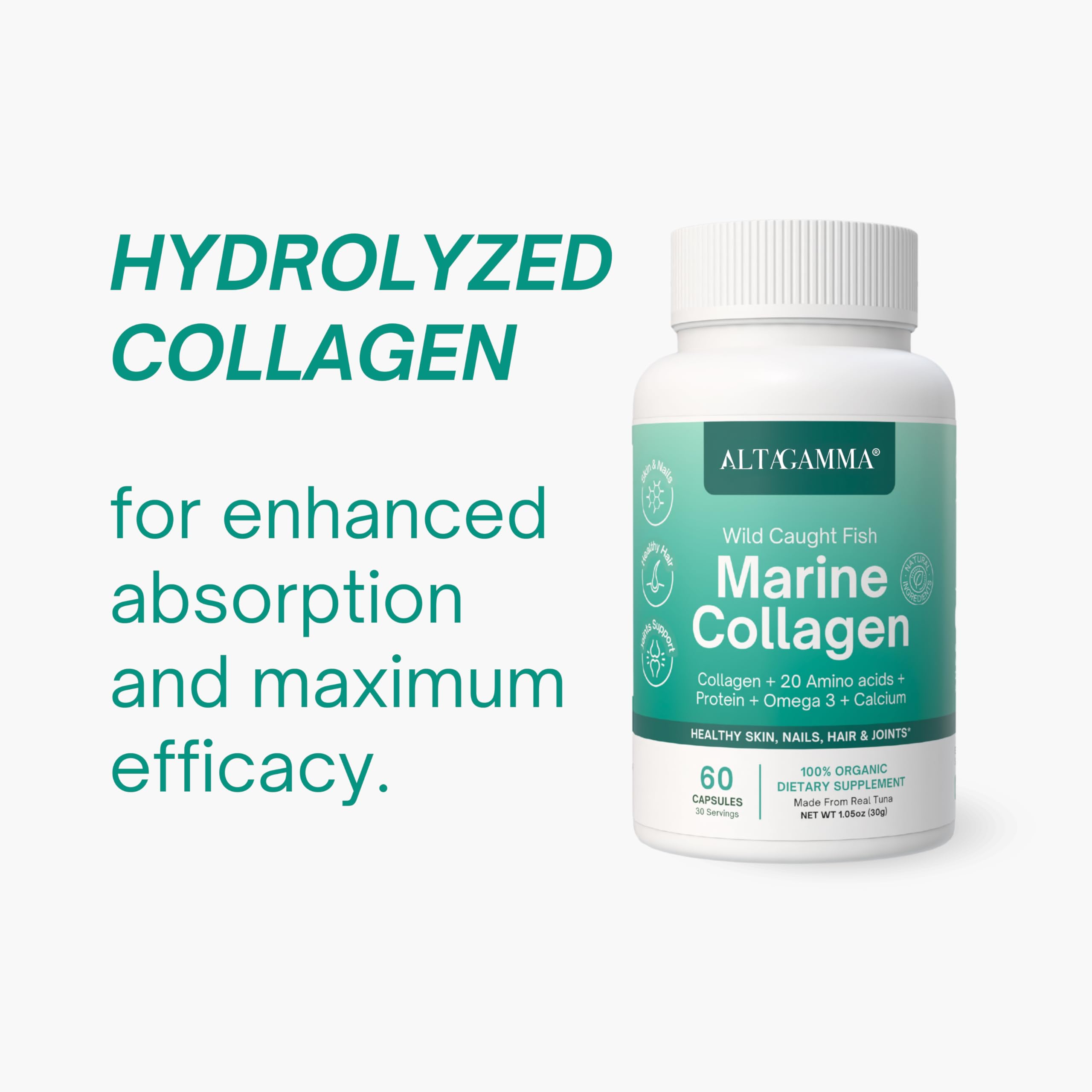 ALTAGAMMA Colágeno Marino: omega-3 y aminoácidos clave para cuidado general.